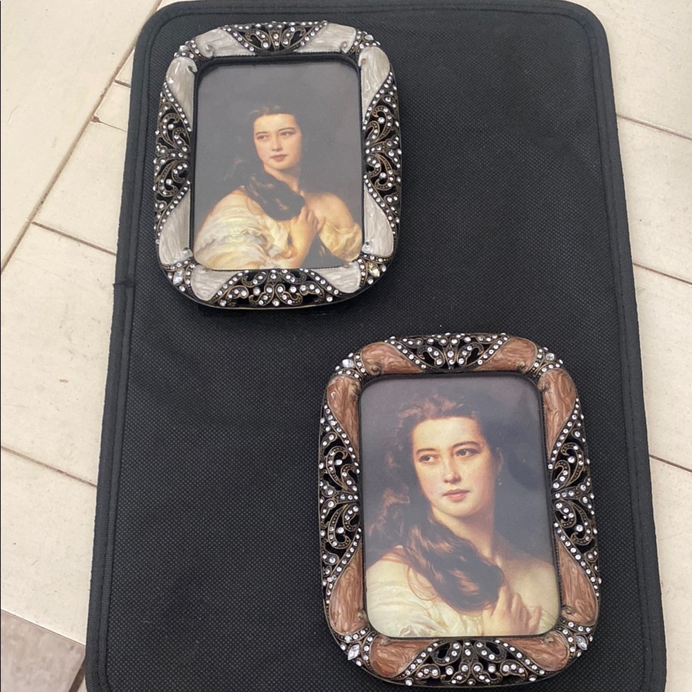 Pair of 2 metal, enameled & jeweled picture frames. Sold as a pair.